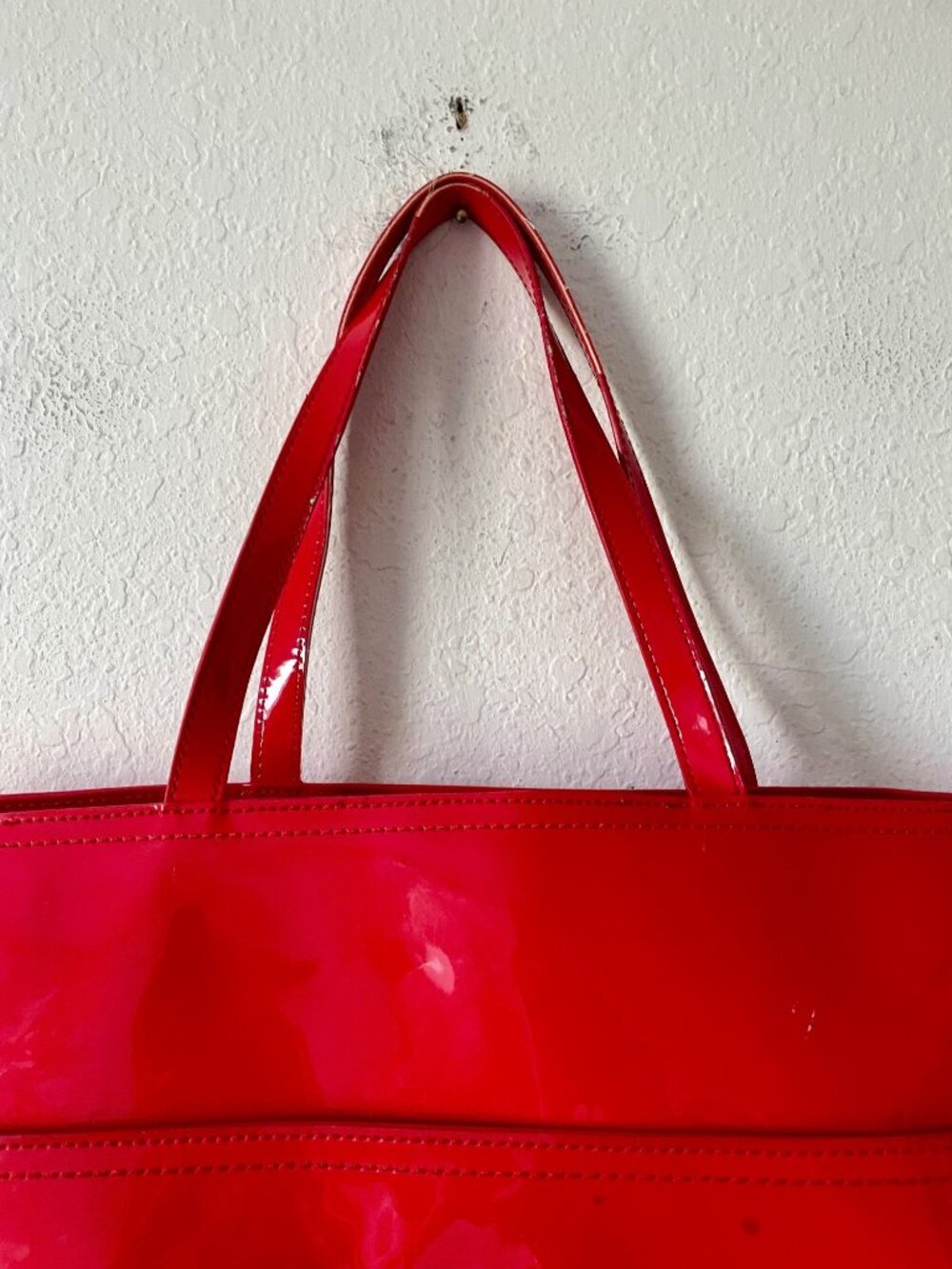Tory Burch Ella Red Patent Leather Canvas Monogram Large Bag Tote Gold - Picture 12 of 16